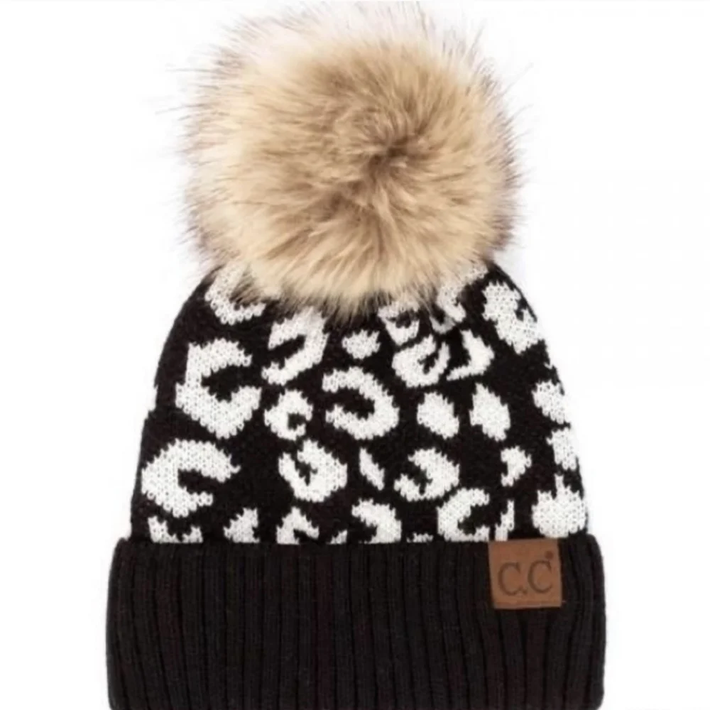 Last Two! Stylish Black and White C.C. Beanie w/Leopard Print & Faux Fur Pom - Picture 5 of 6